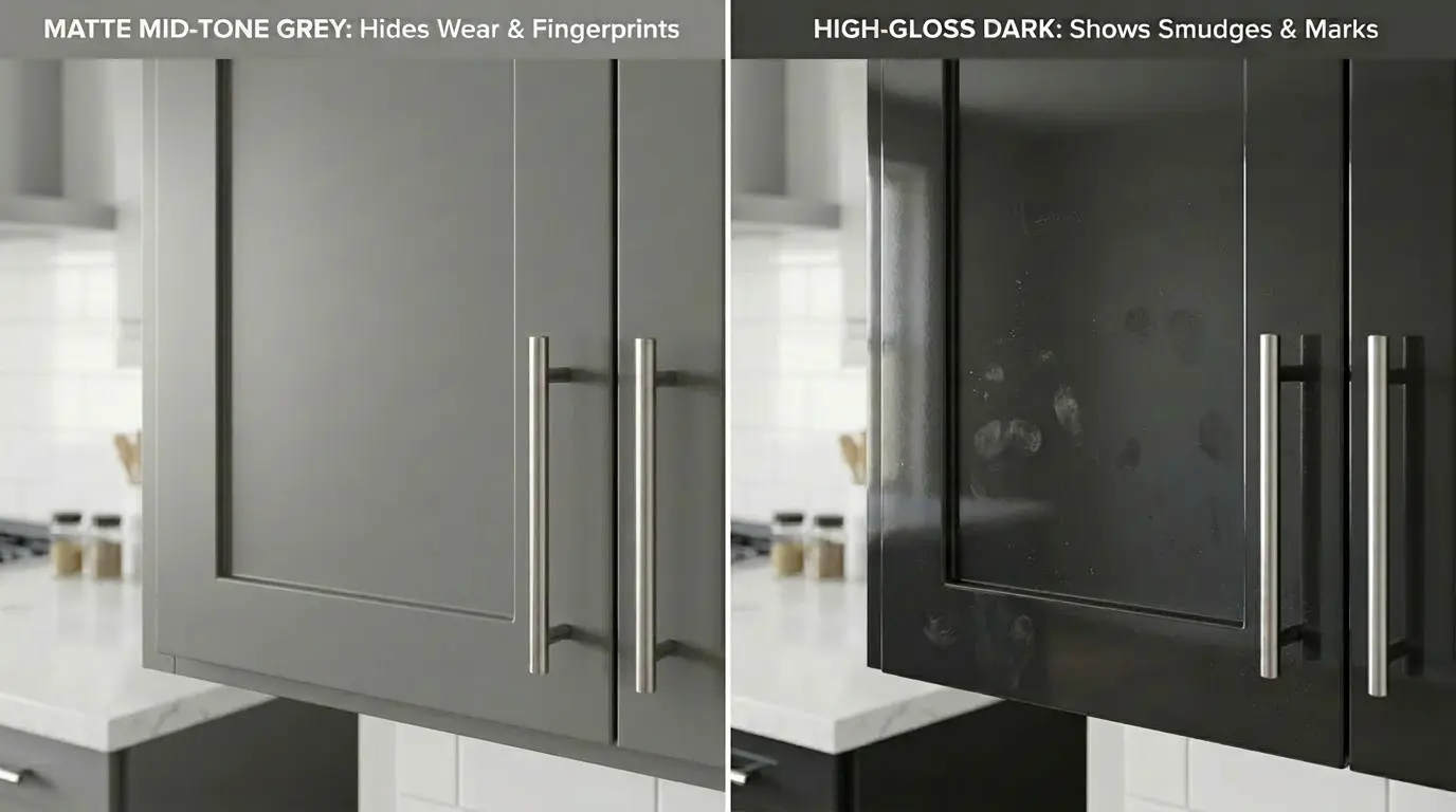 Comparison of matte mid-tone cabinet hiding wear versus glossy dark cabinet showing fingerprints