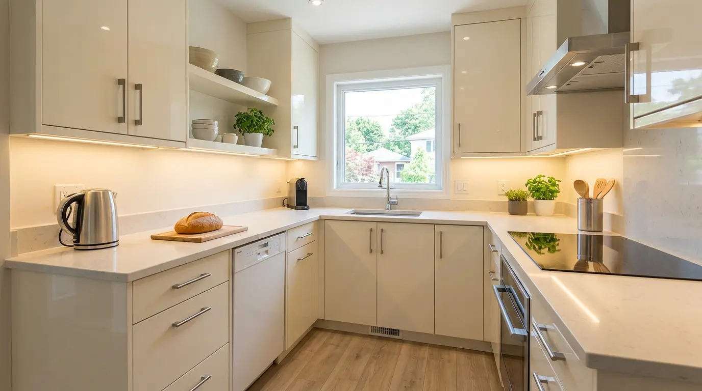 Small Ontario kitchen appearing bright and spacious with light cream cabinet color