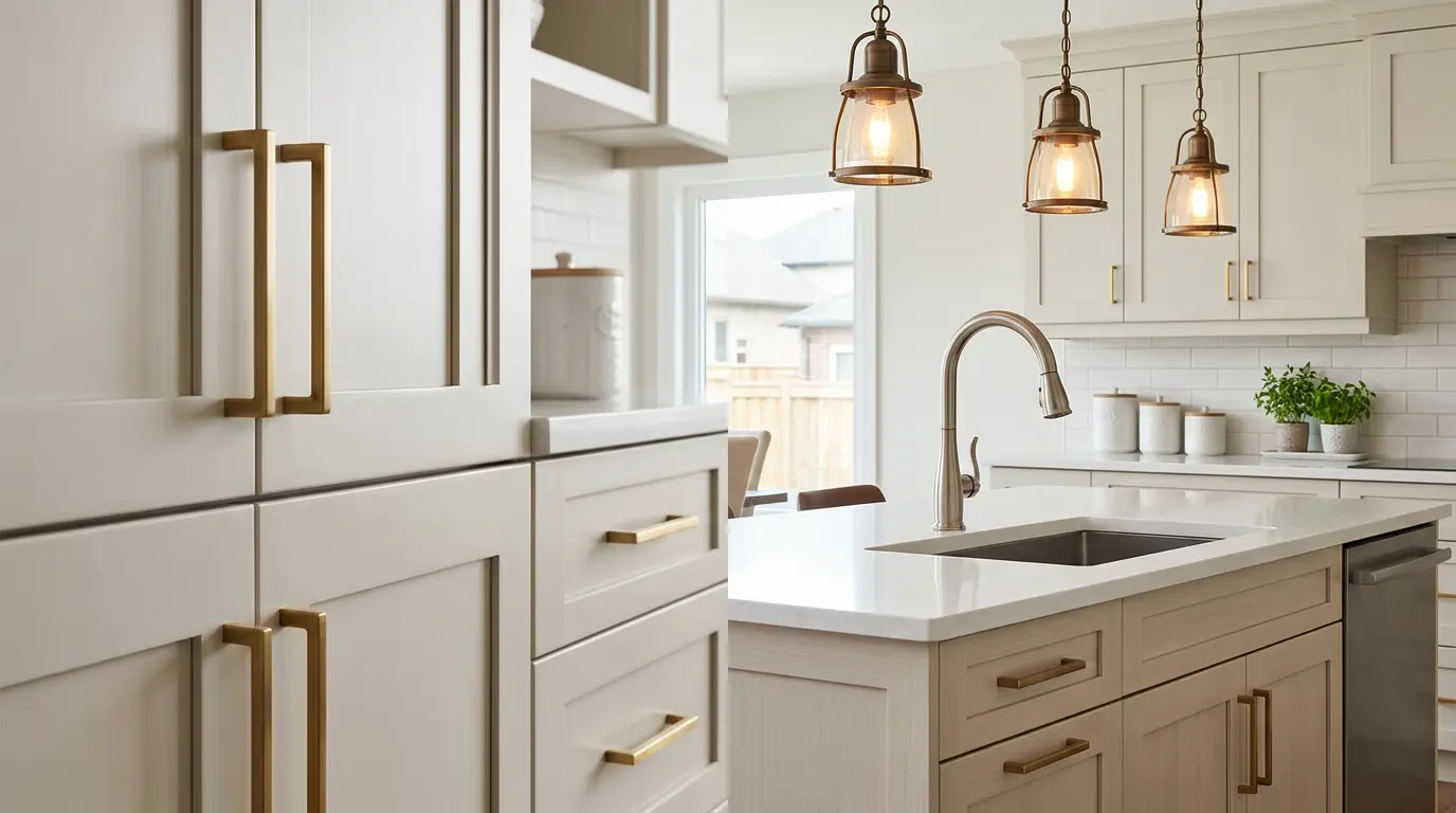 Kitchen with coordinated but not identical metal finishes on hardware, faucet and lighting