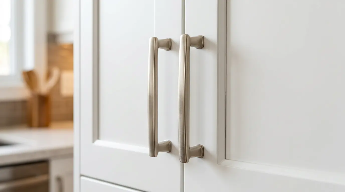 Elegant brushed nickel bar pulls installed on white shaker kitchen cabinets