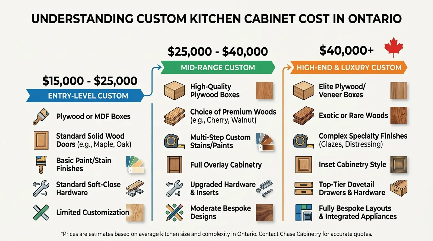 Custom kitchen cabinet cost infographic showing $15,000 to $40,000+ range with material factors