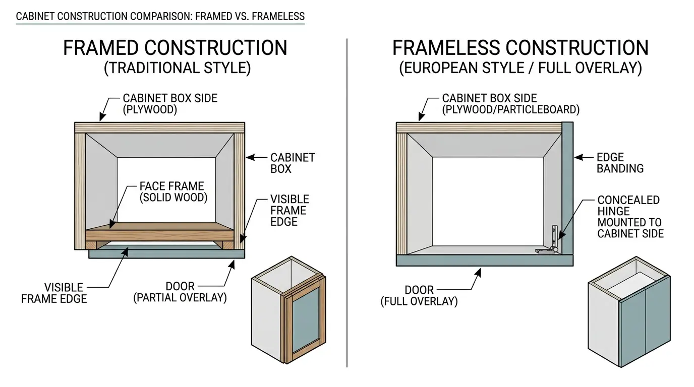 Diagram comparing framed cabinet construction with face frame versus frameless European style