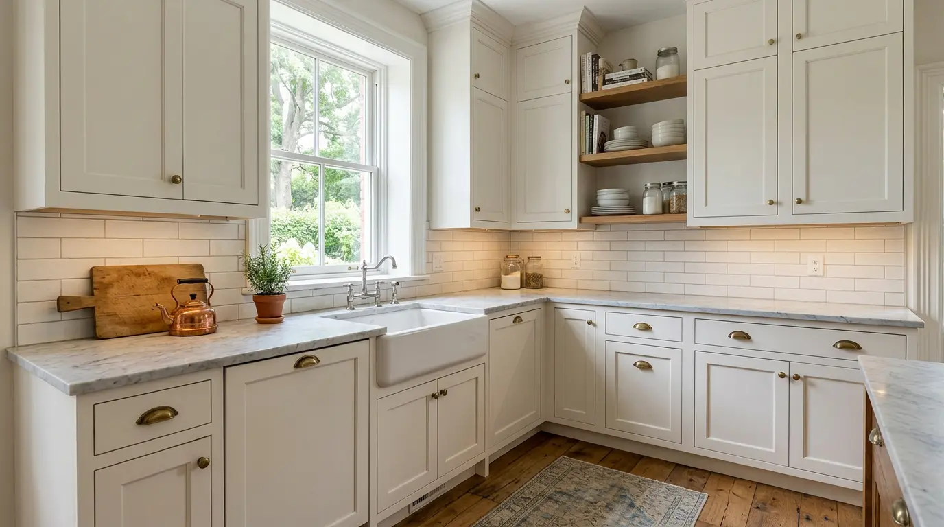 Timeless white shaker kitchen cabinets in classic Ontario home still looking elegant