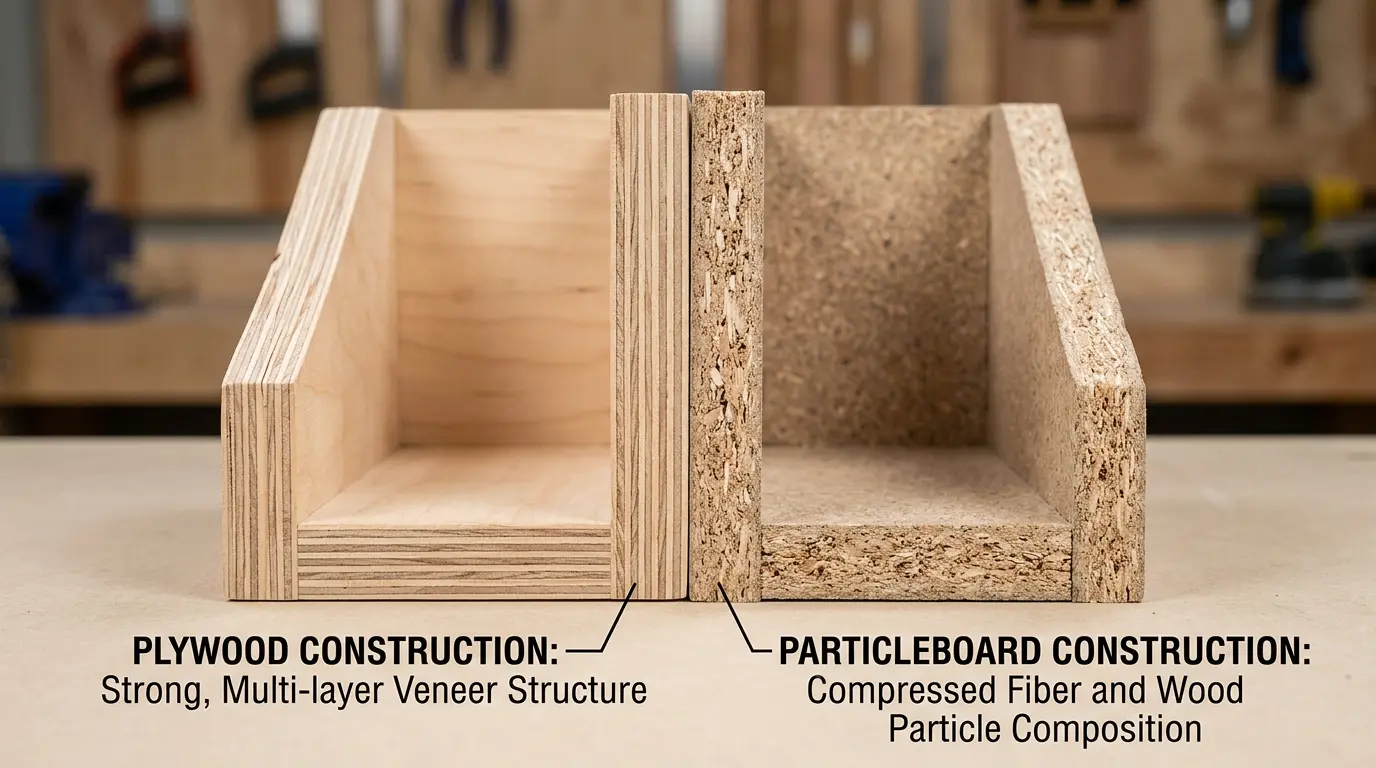 Cross-section comparison of plywood cabinet construction versus particleboard construction
