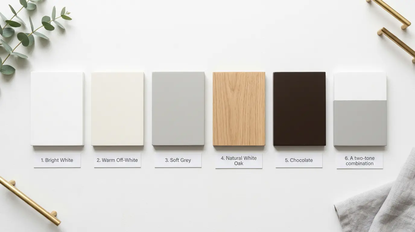 Popular kitchen cabinet color swatches: white, off-white, grey, wood tone, and two-tone