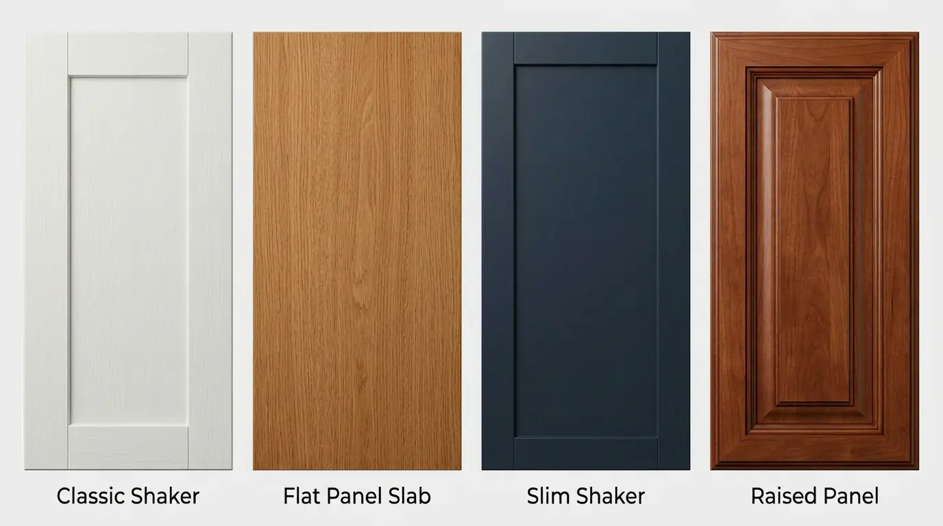 Four kitchen cabinet door styles: shaker, flat panel, slim shaker, and raised panel