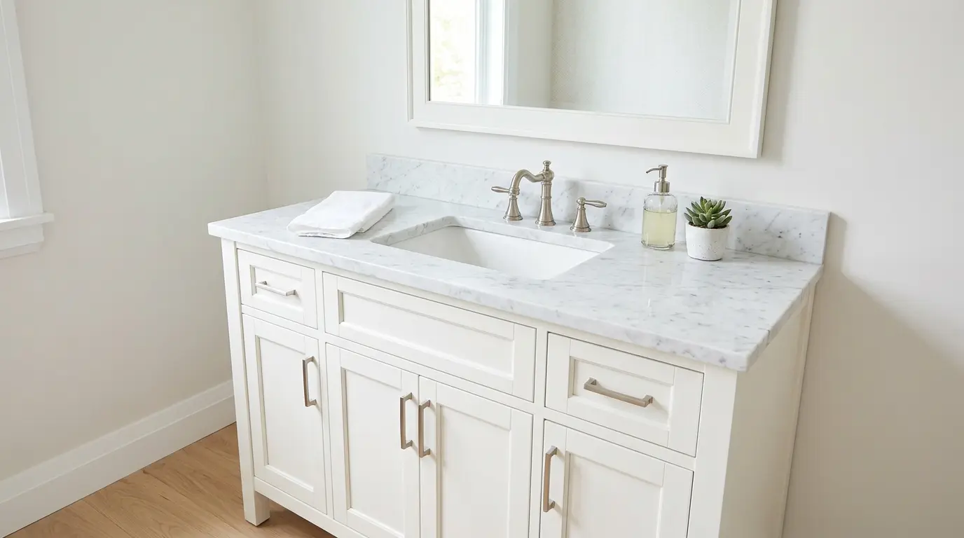 Timeless shaker-style bathroom vanity in warm white with brushed nickel hardware and marble top