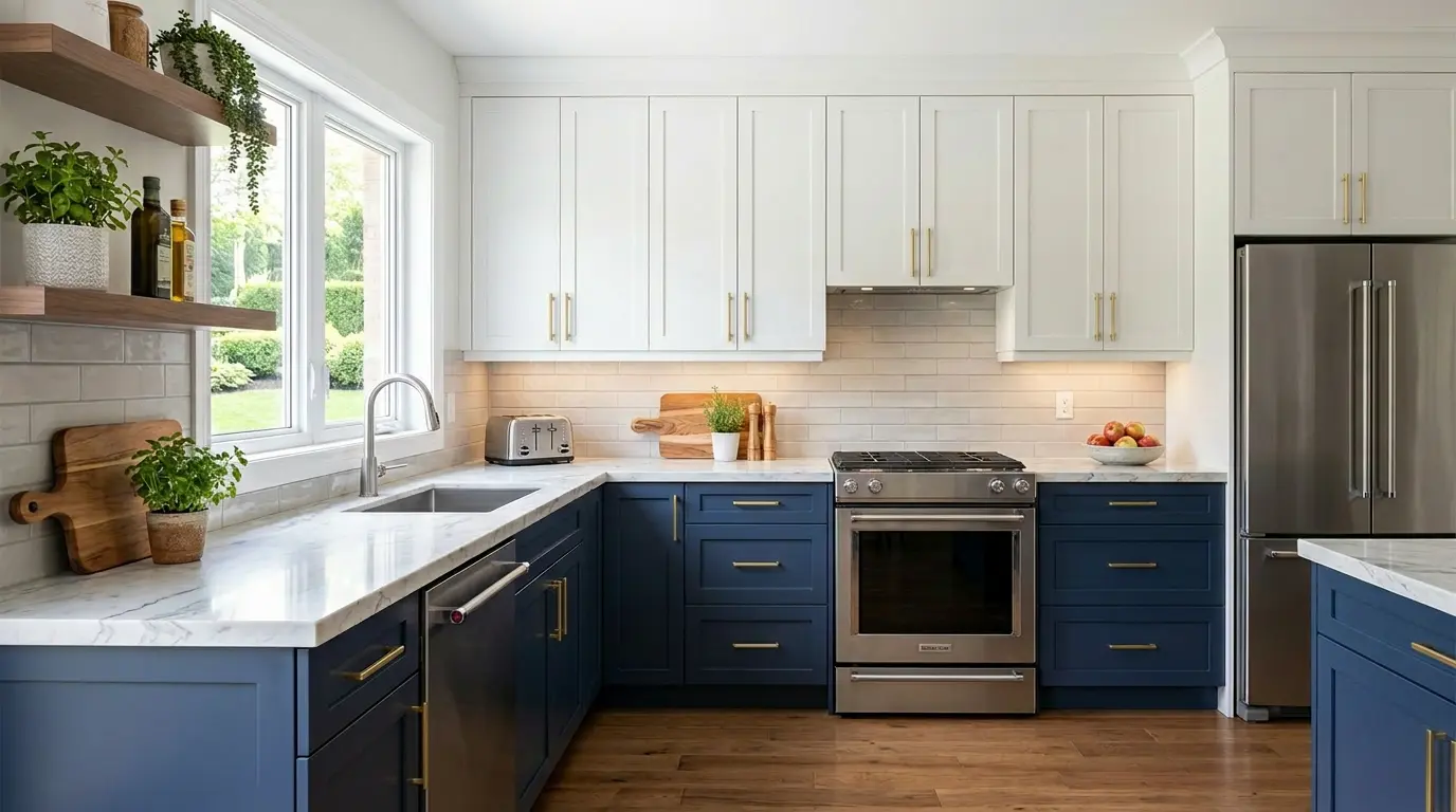Two-tone kitchen with white upper cabinets and navy lower cabinets creating sophisticated contrast