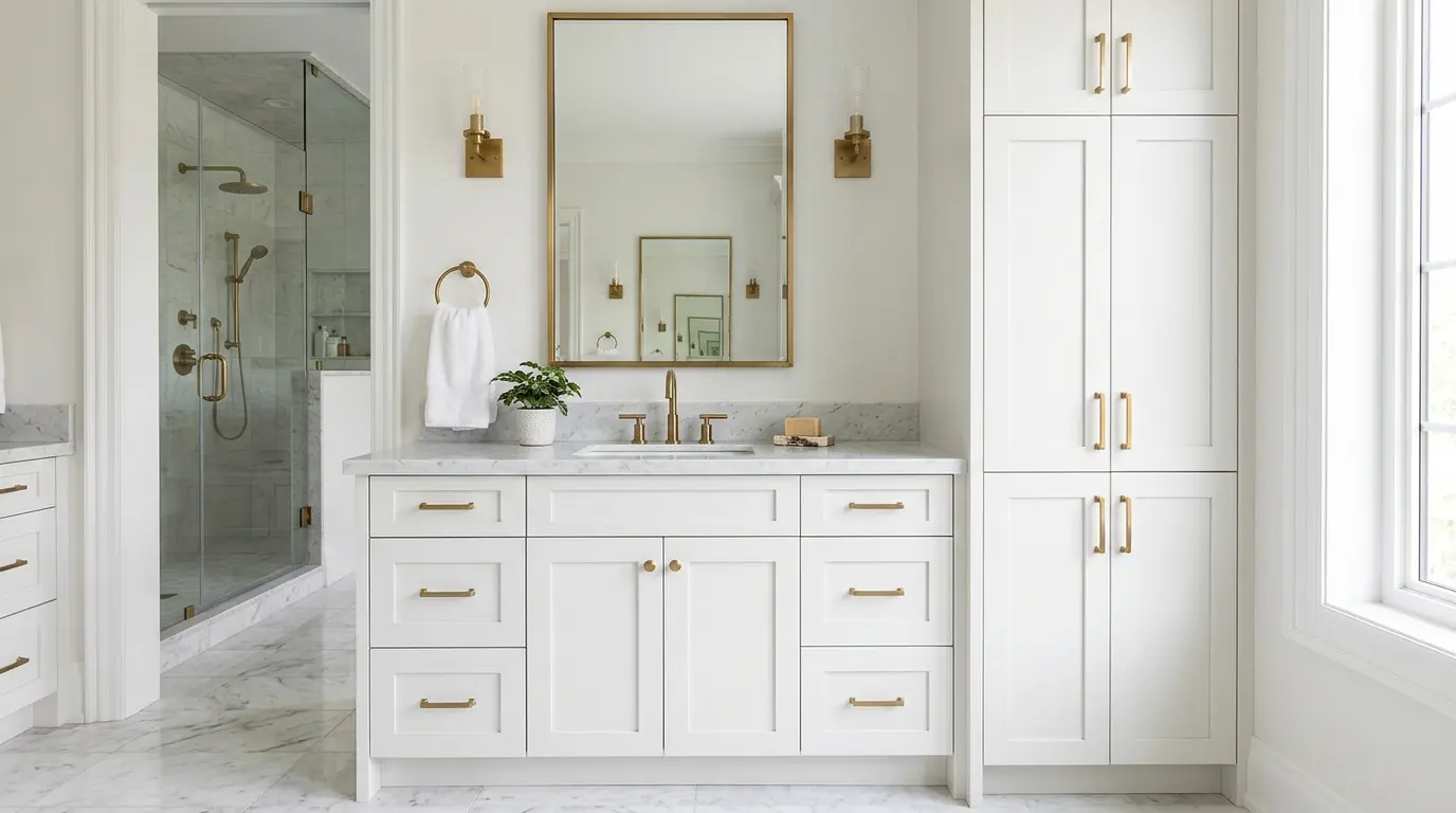 Custom bathroom with matching vanity and tall linen tower sharing same shaker door style