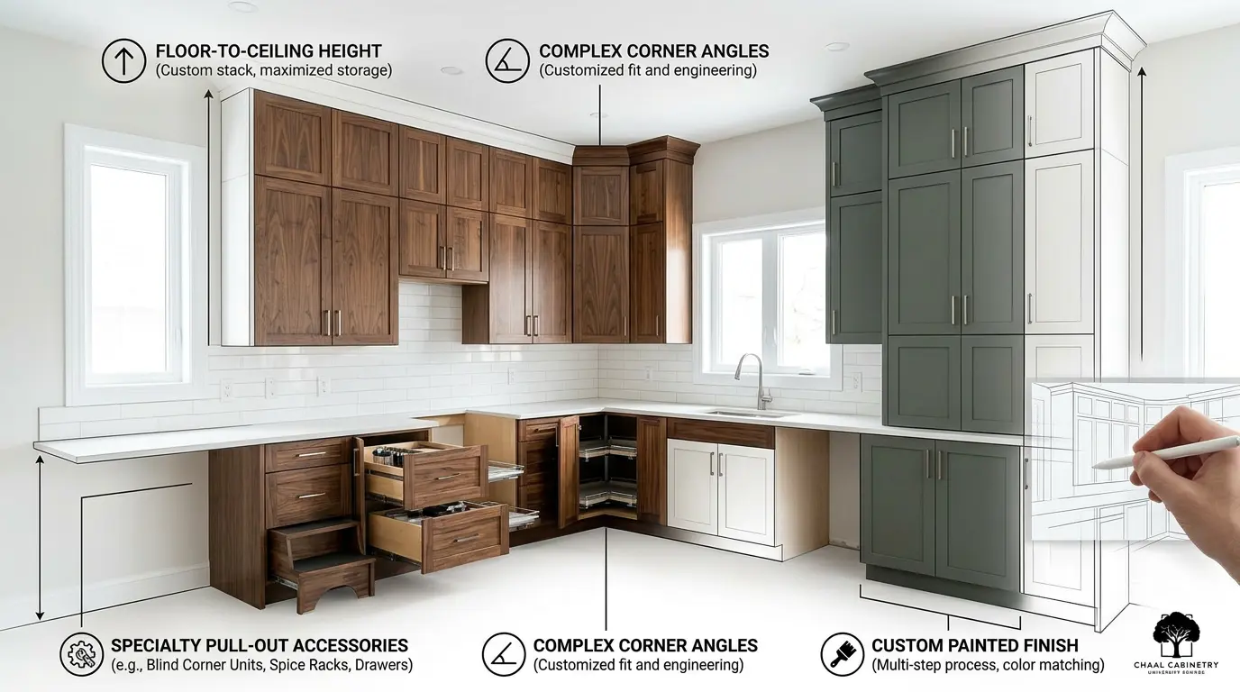 Premium kitchen with cost-adding elements labeled: walnut doors, complex corners, tall cabinets