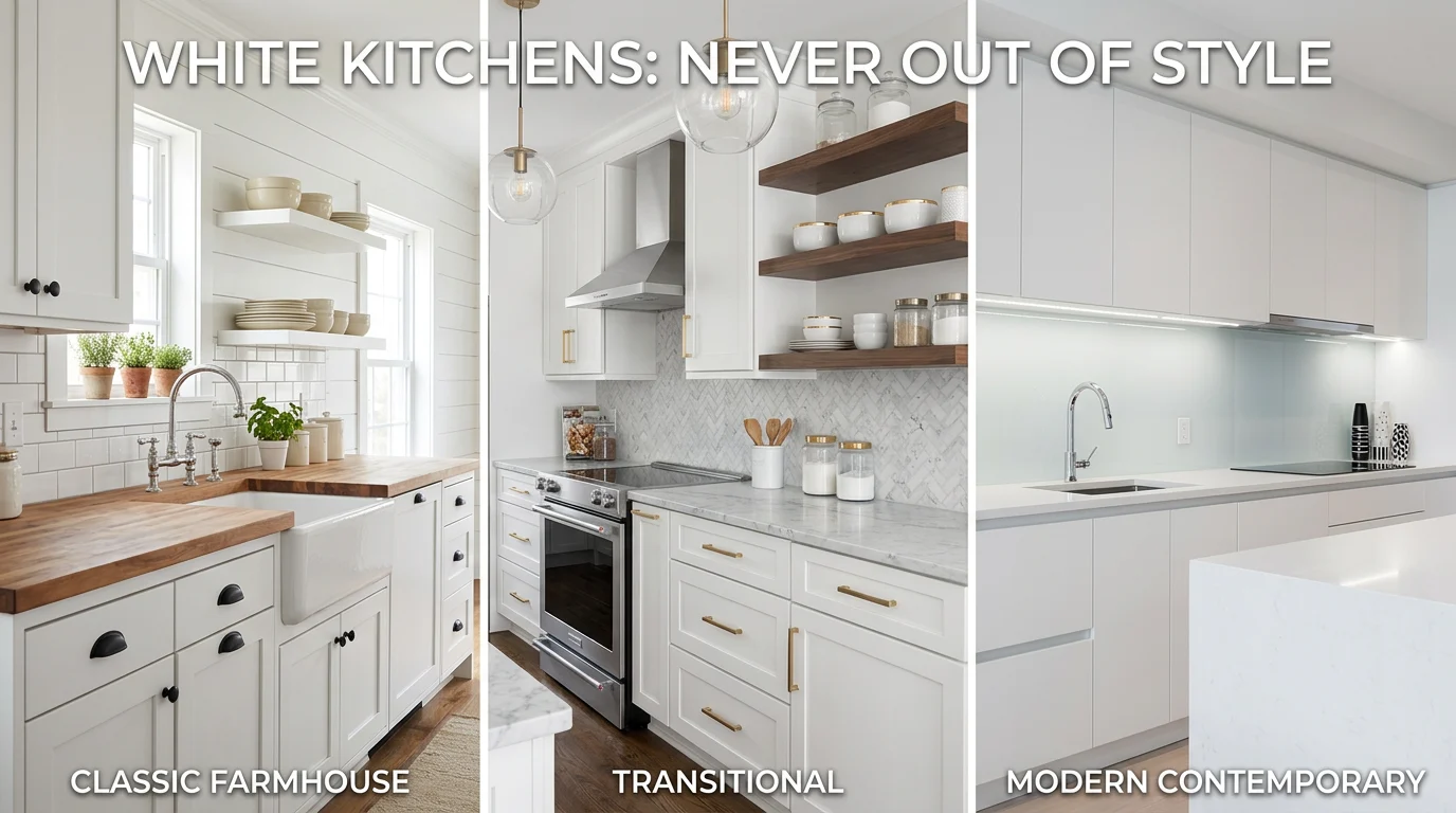 White kitchen cabinets shown across three different design eras all looking timeless
