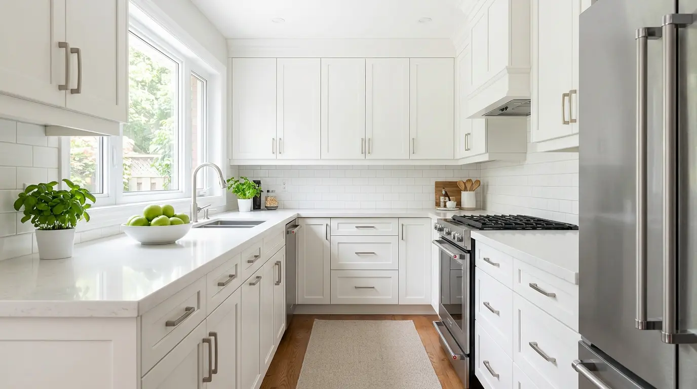 Bright modern Ontario kitchen with classic white shaker cabinets and quartz countertops