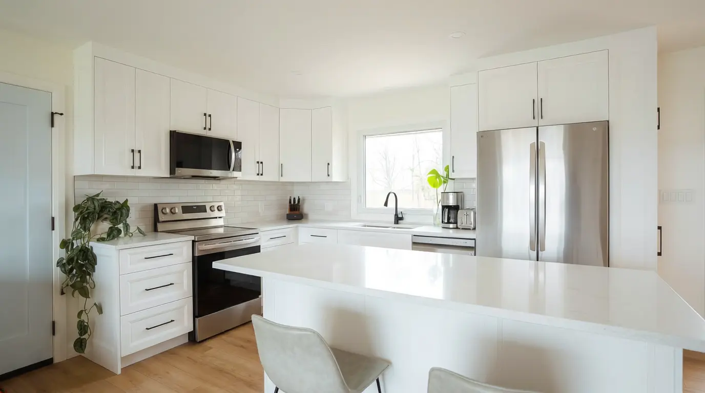 White shaker kitchen cabinets and island installed in Wainfleet by Chase Cabinetry