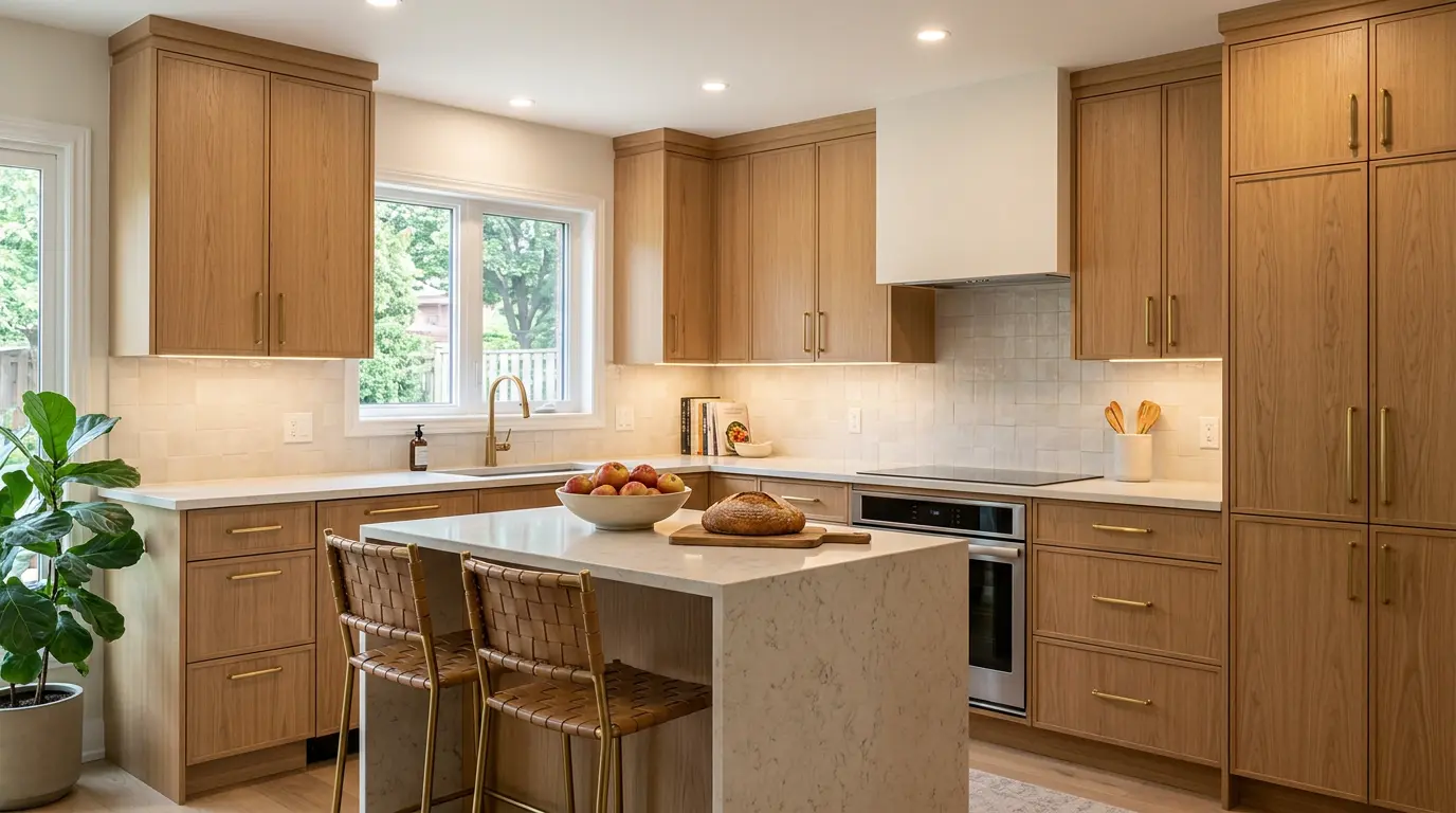 Modern Ontario kitchen featuring warm white oak custom cabinets with brass hardware